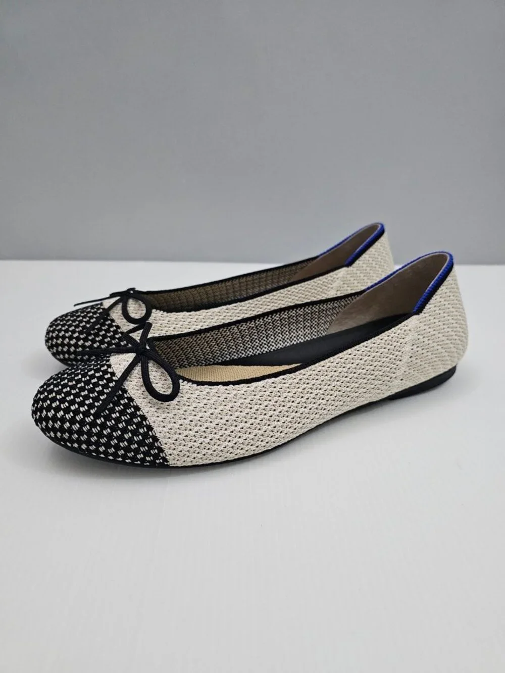 Rothy's The Ballet Flat Coco Cream Black Knit Toe Cap Bow Washable Womens 8.5